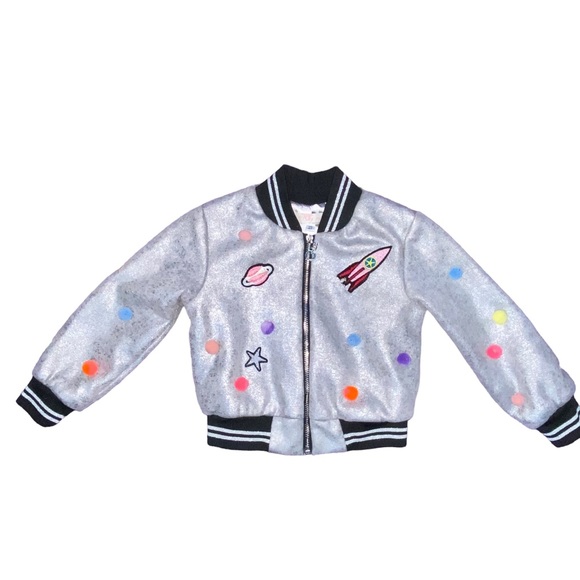 2T Sara Sara Truly Me Silver Metallic Space Rocket Ship Pom Pom Bomber Jacket - Picture 2 of 8
